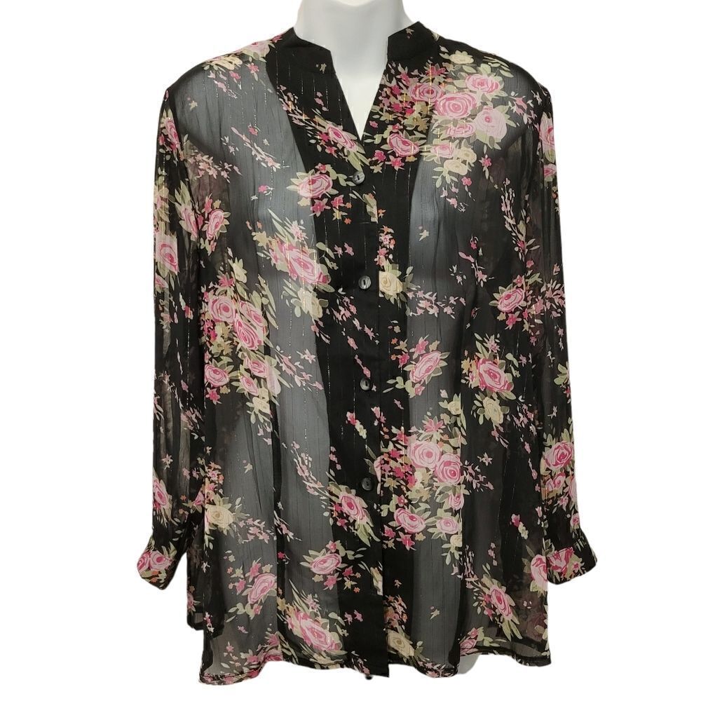 2/$20 Vintage 90s Black with Rose Pattern Buttons Down Shirt Top Size: M